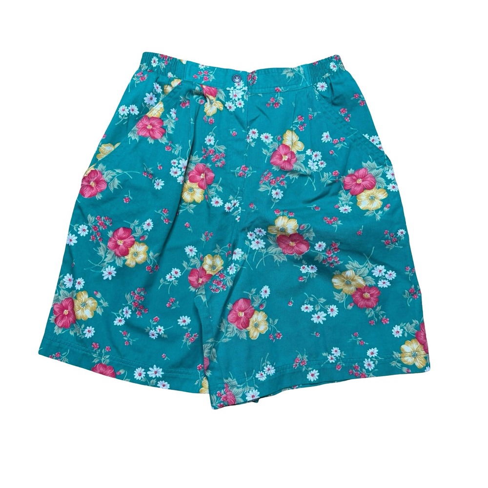 Vintage 90s Russ Studio Teal Floral Pleated Shorts Womens 10 Grandmacore Cotton